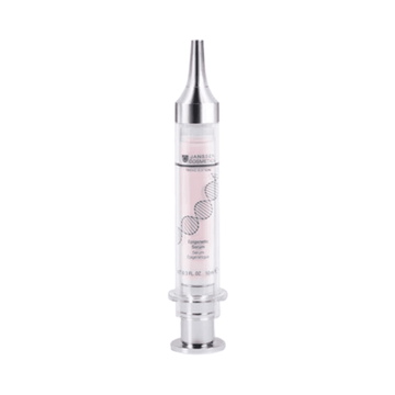 Janssen Epigenetic Serum in syringe-style bottle for face care. Anti-aging treatment with hyaluronic acid and keratin for mature skin.