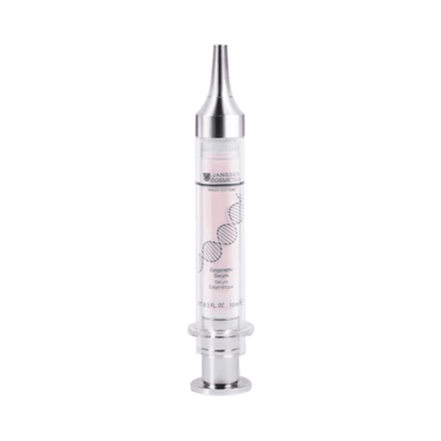 Janssen Epigenetic Serum in syringe-style bottle for face care. Anti-aging treatment with hyaluronic acid and keratin for mature skin.