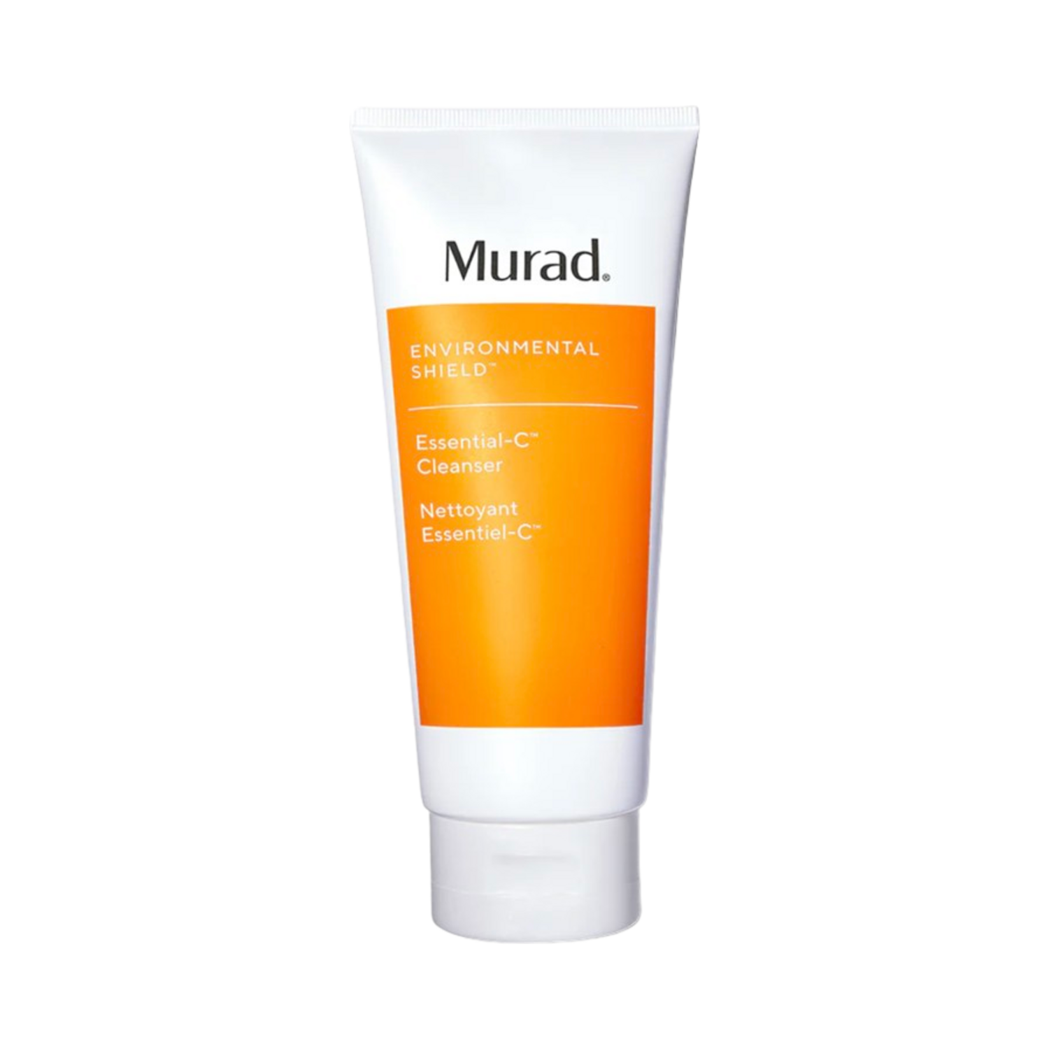 Murad Essential-C Cleanser face wash in a white and orange tube, designed to remove impurities and boost skin radiance for dry skin types.