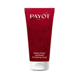 Payot Exfoliating Oil Gel in red tube packaging, a gentle skin exfoliator with raspberry seeds for smooth face and neck care.