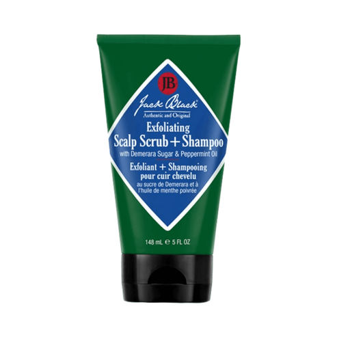Exfoliating Scalp Scrub Shampoo by Jack Black with Demerara Sugar and Peppermint Oil. Promotes healthy scalp and removes buildup effectively.