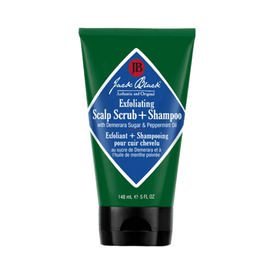 Exfoliating Scalp Scrub Shampoo by Jack Black with Demerara Sugar and Peppermint Oil. Promotes healthy scalp and removes buildup effectively.