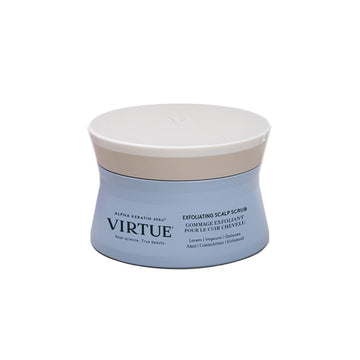 Virtue Exfoliating Scalp Treatment in a light blue jar with white lid. Detox and condition your scalp with this premium hair care solution.