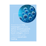 Graphic showing exosomes with text explaining their role in collagen production, inflammation reduction, and skin healing.