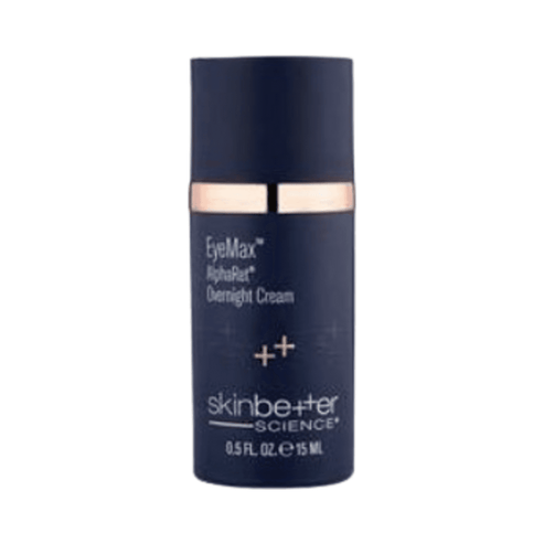 Front view of Skinbetter EyeMax AlphaRet Overnight Cream bottle, designed for youthful eyes and overnight skin rejuvenation.