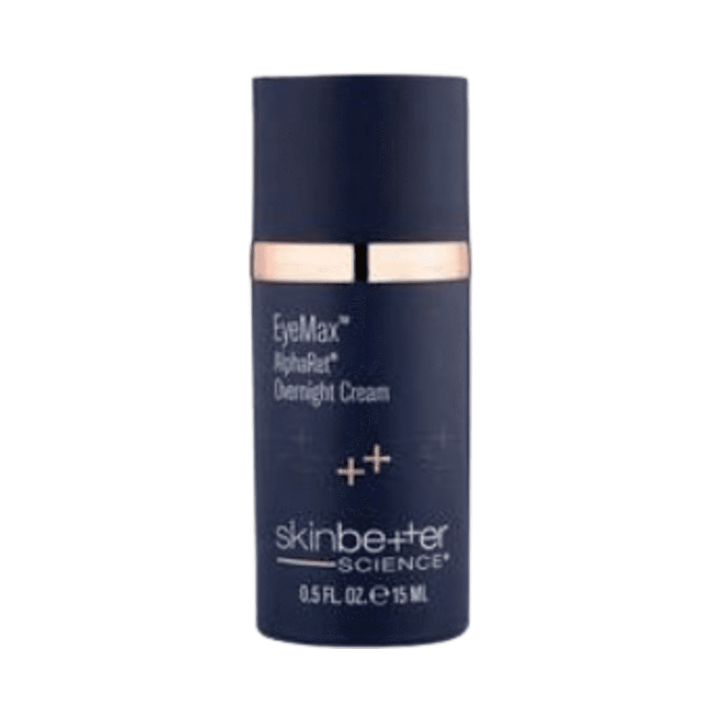 Skinbetter EyeMax AlphaRet Overnight Cream in 15ml navy bottle with rose gold accent, ideal for reducing fine lines and puffiness around eyes.