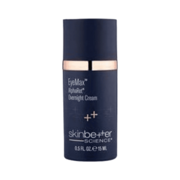 Skinbetter EyeMax AlphaRet Overnight Cream in 15ml navy bottle with rose gold accent, ideal for reducing fine lines and puffiness around eyes.