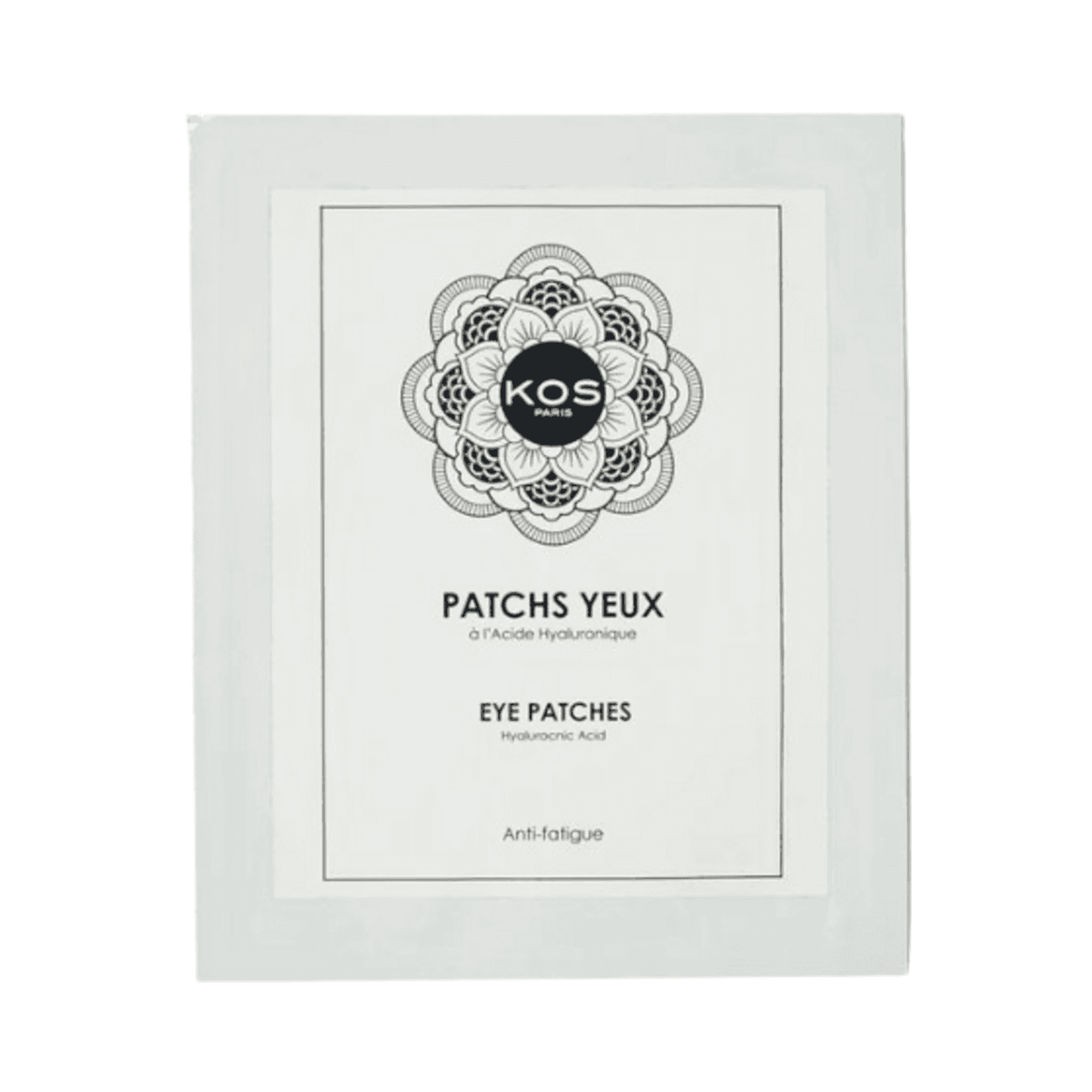 Kos Paris Eye Patches - Dark Circles Solution in sleek white packaging with mandala design, formulated with hyaluronic acid for anti-fatigue eye care.