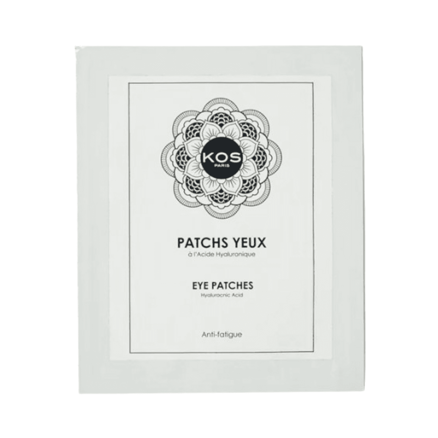 Front view of Kos Paris Eye Patches for dark circles, featuring minimalist design and key ingredient hyaluronic acid for targeted under-eye treatment.