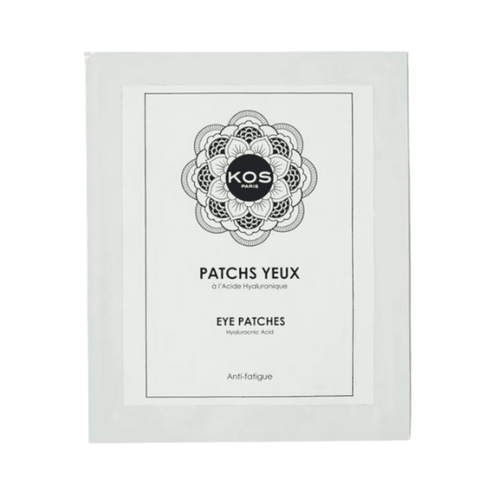 Front view of Kos Paris Eye Patches for dark circles, featuring minimalist design and key ingredient hyaluronic acid for targeted under-eye treatment.