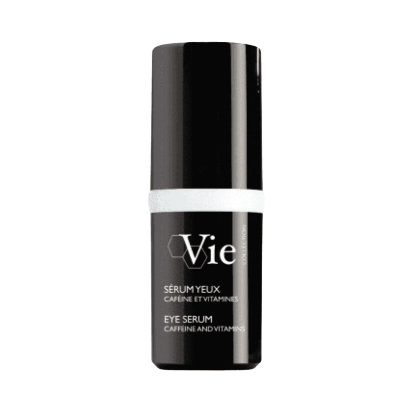 Vie Collection Eye Serum Caffeine and Vitamins in sleek black bottle. Eye treatment reduces wrinkles, dark circles, and puffiness effectively.
