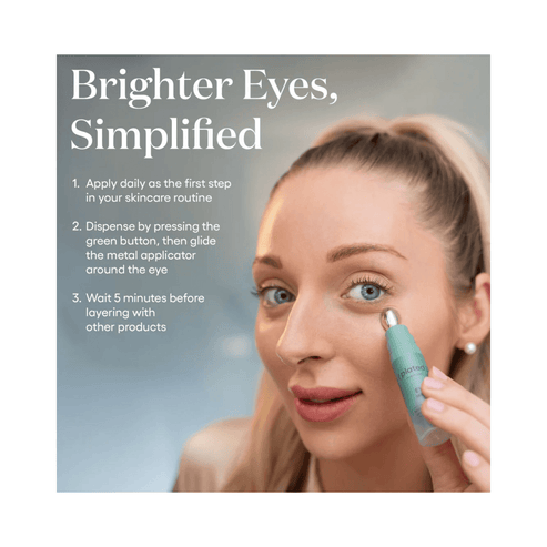 Woman applying Plated Skin Science Eye Serum - Anti-Aging Eye Serum with metal applicator, showing simple 3-step usage instructions for brighter eyes.