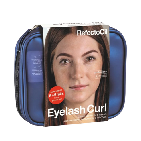 RefectoCil Eyelash Curl Kit for Enormously Beautiful Eyes in a blue zippered pouch with product box showing a model's curled lashes. Ideal for long-lasting lash lift results.