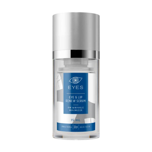 Rhonda Allison Eye and Lip Renew Serum in sleek silver pump bottle. Anti-aging skincare for eyes and lips with retinol and cholesterol liquid.