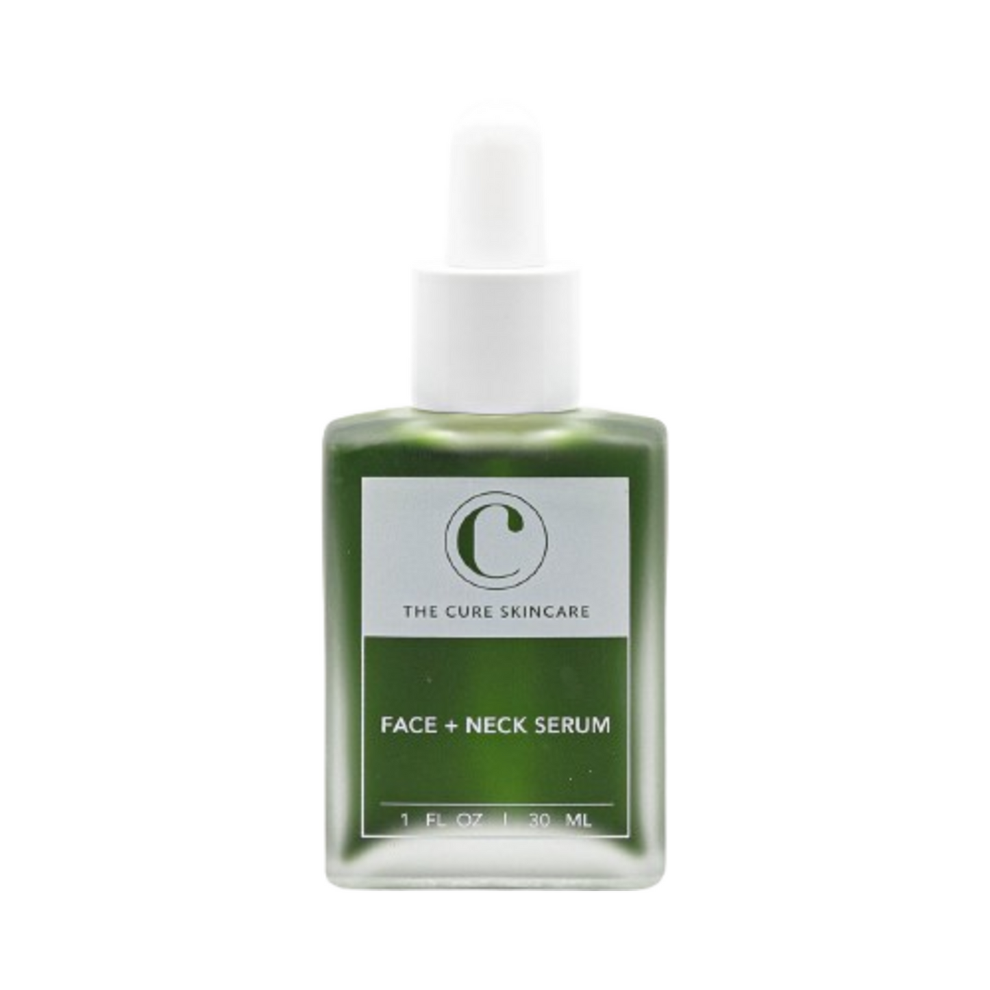 The Cure Skincare Face + Neck Serum in 30ml green bottle with white dropper, designed for daily use on dry and mature skin types.