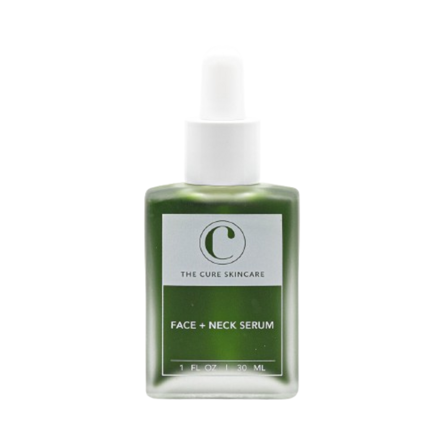 The Cure Skincare Face + Neck Serum in 30ml green bottle with white dropper, designed for daily use on dry and mature skin types.