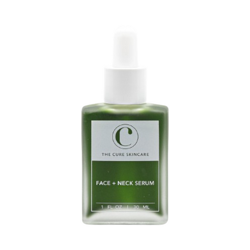 The Cure Skincare Face + Neck Serum in 30ml green bottle with white dropper, designed for daily use on dry and mature skin types.
