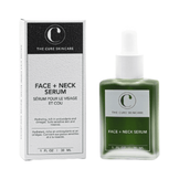 Face + Neck Serum by The Cure Skincare shown with product box, ideal for hydrating and soothing sensitive skin with sea moss and collagen.