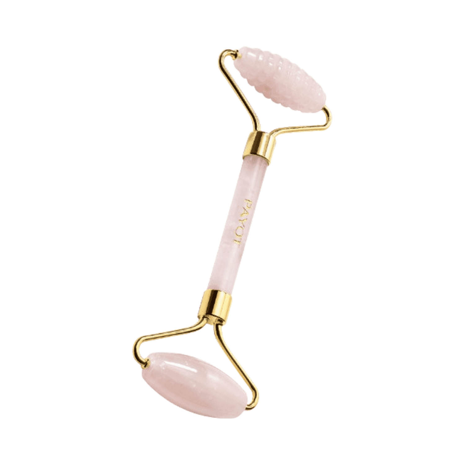 Payot Facial Quartz Roller features smooth and textured pink quartz heads with gold accents. Enhances skincare absorption and soothes facial muscles.