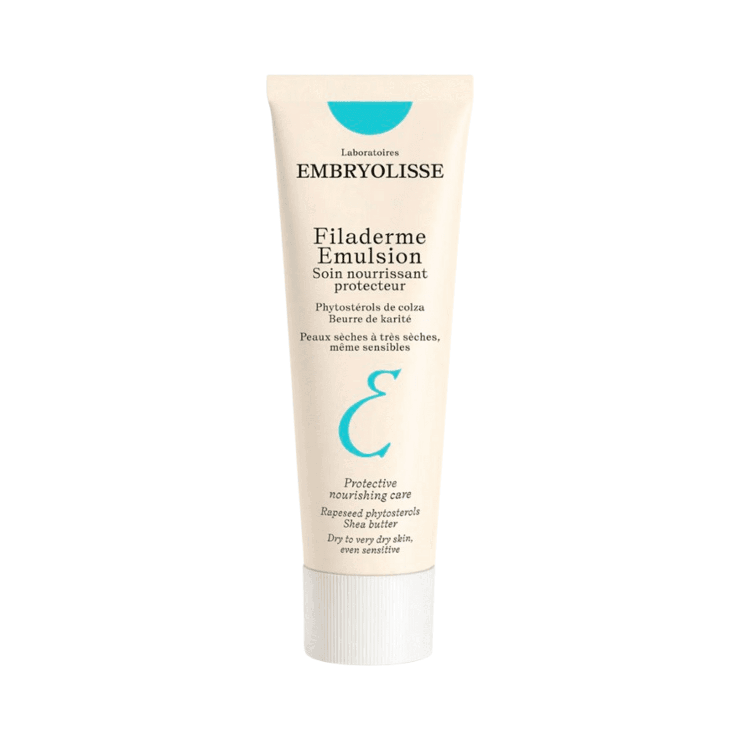Embryolisse Filaderme Emulsion hydrating face cream in a beige tube with blue accents, ideal for dry and sensitive skin care routines.