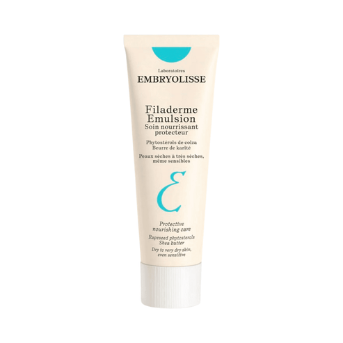 Embryolisse Filaderme Emulsion hydrating face cream in a beige tube with blue accents, ideal for dry and sensitive skin care routines.