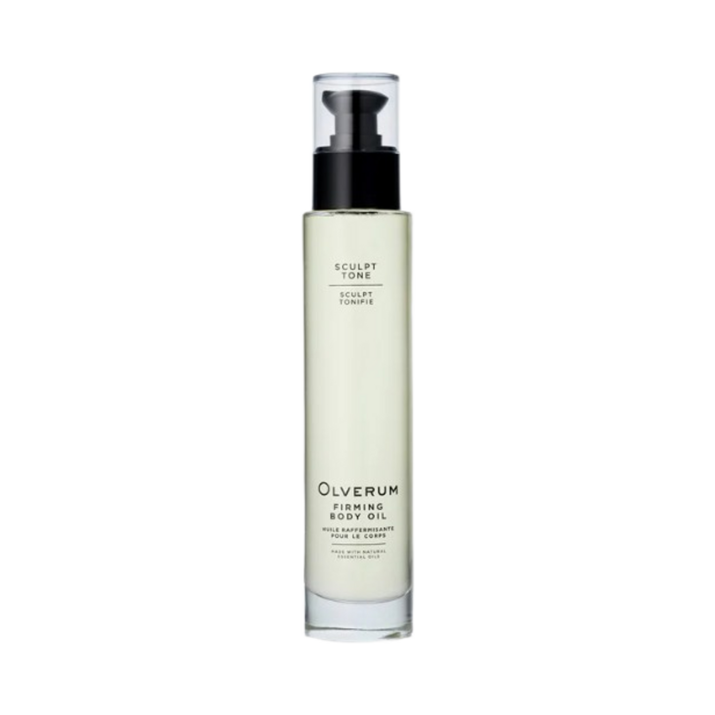 Olverum Firming Body Oil in a sleek glass pump bottle, designed for body sculpting with botanical ingredients like grapefruit and black pepper.