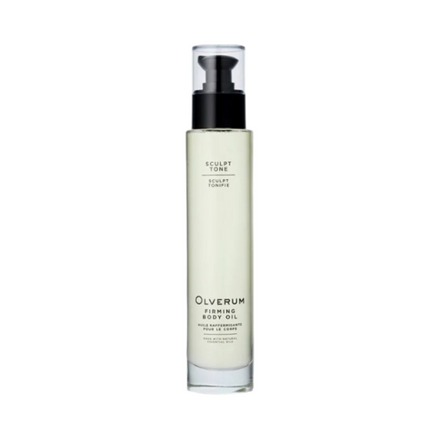 Olverum Firming Body Oil in a sleek glass pump bottle, designed for body sculpting with botanical ingredients like grapefruit and black pepper.