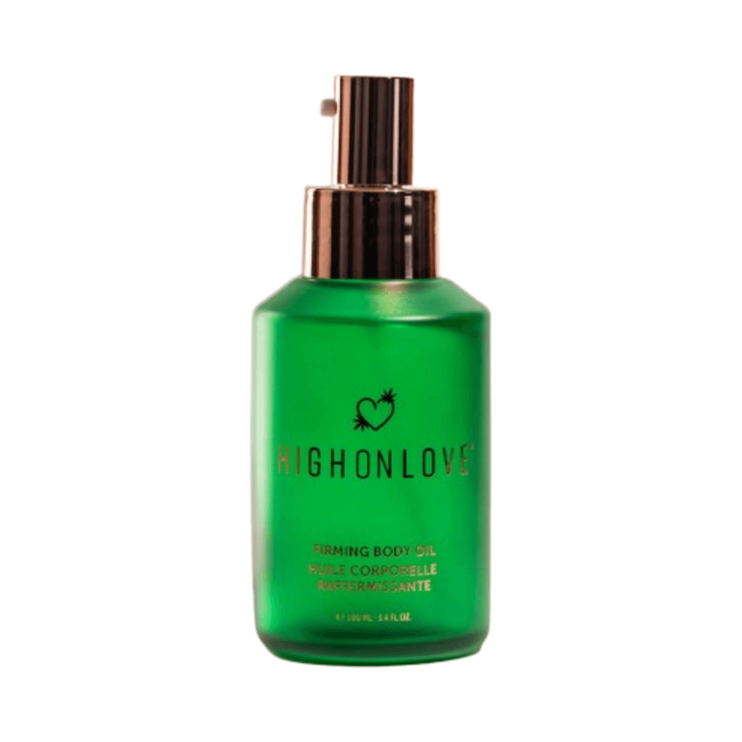 High on Love Firming Body Oil in a green 100 ml bottle with rose gold pump, featured on eSkinStore in the Body Oil category.