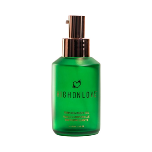 High on Love Firming Body Oil 100 ml bottle with sleek green design and rose gold pump, ideal for body care and dry skin concerns.