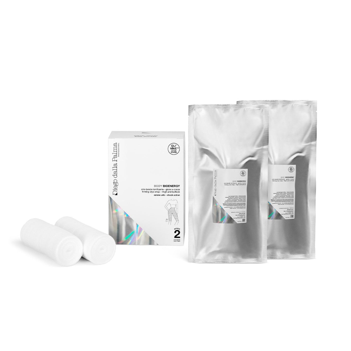 Diego dalla Palma Firming Cryo Wrap Thigh body treatment set with two silver sachets, two white wraps, and branded box for anti-cellulite care.