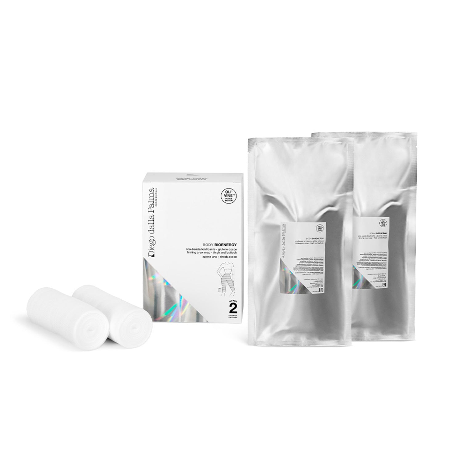 Diego dalla Palma Firming Cryo Wrap Thigh body treatment set with two silver sachets, two white wraps, and branded box for anti-cellulite care.