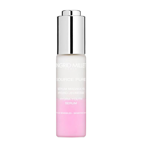 Ingrid Millet Hydra-Youth Serum in a sleek gradient pink and white bottle, ideal for anti-aging face treatment and sensitive skin care routines.