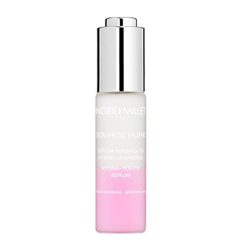 Ingrid Millet Hydra-Youth Serum in a sleek gradient pink and white bottle, ideal for anti-aging face treatment and sensitive skin care routines.