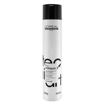 L'oreal Medium Hold Hair Spray - Infinium 3 in a sleek white 289g bottle. Ideal for anti-frizz styling with natural shine and flexible hold.