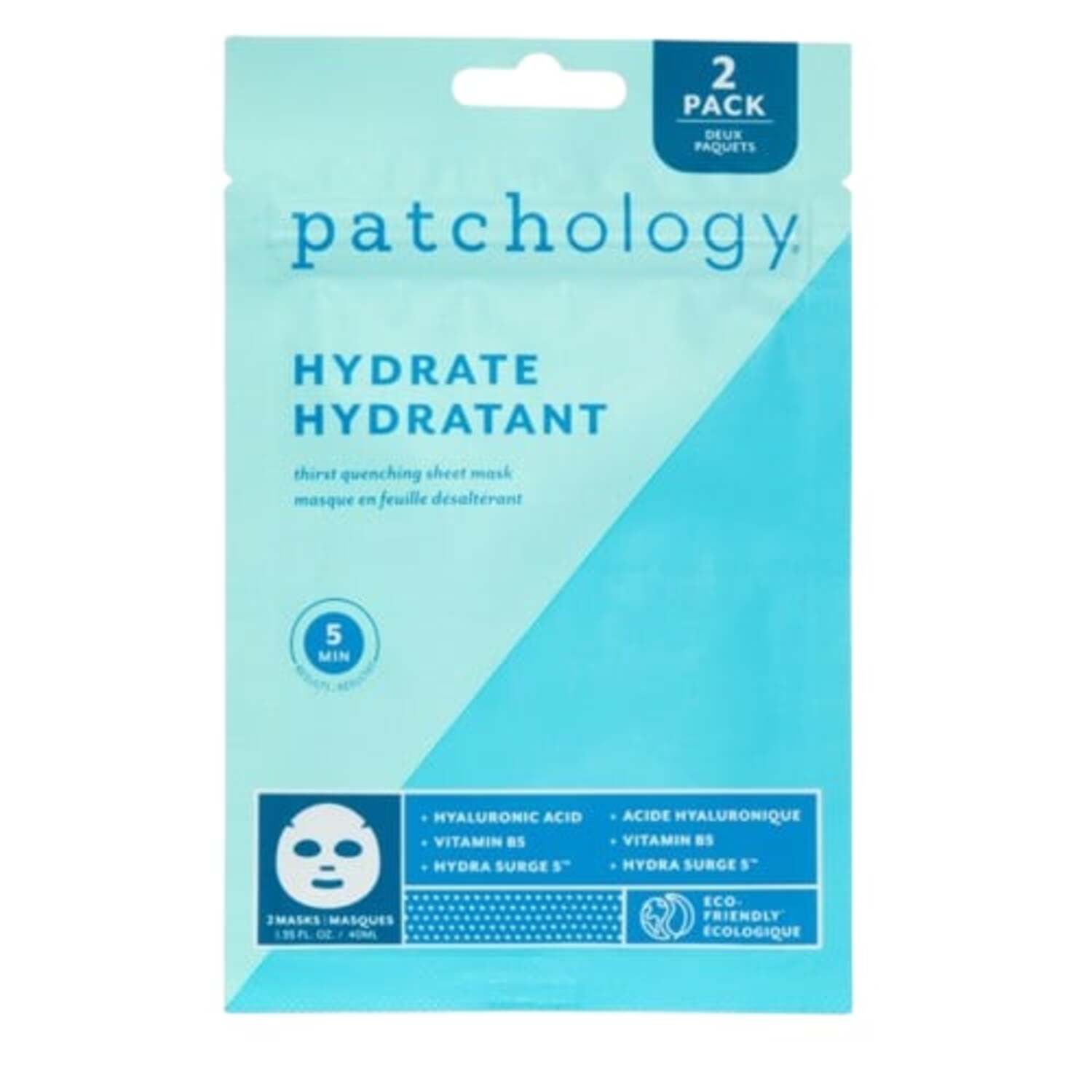 Patchology FlashMasque Hydrate sheet mask pack for intense skin hydration, featuring eco-friendly design and vitamin B for radiant skin.