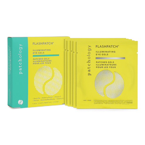 FlashPatch Illuminating Eye Gels by Patchology with Vitamin C for brightening under-eyes. Includes 5 yellow sachets and a branded box.