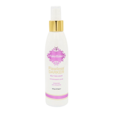 Fake Bake Flawless Darker Self-Tan Liquid in 6 fl oz spray bottle with gold and pink label for deep bronze tone. Ideal for body self tanning.