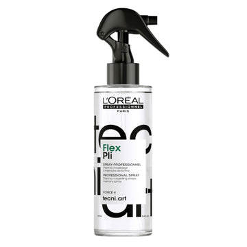 L'Oreal Flex Pli Spray - Professional Hair Styling thermo-modelling spray in clear bottle with black trigger nozzle. Ideal for heat styling and volume.