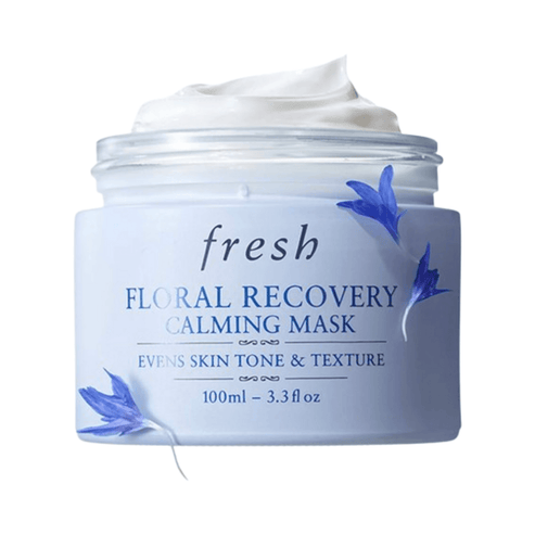 Fresh Floral Recovery Mask 100ml with whipped texture and blue floral accents. Clinically proven to calm sensitive skin and reduce redness overnight.