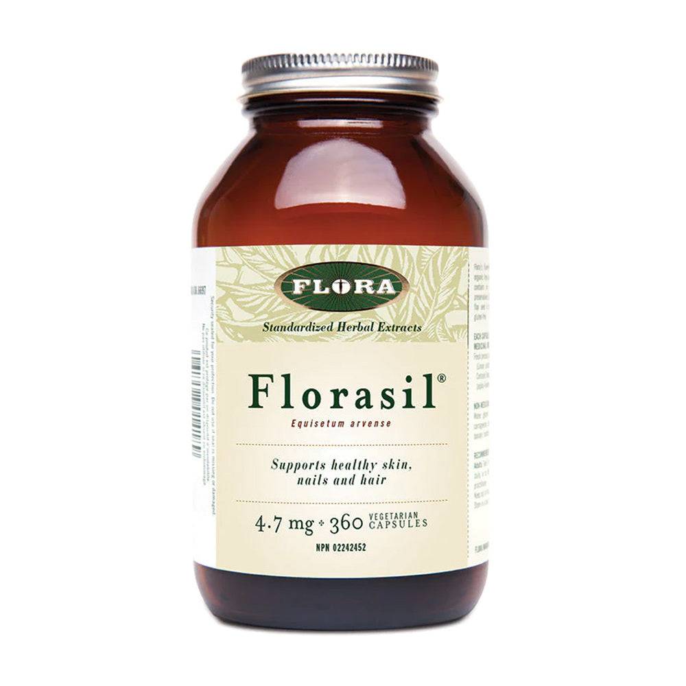 Flora Florasil skin care supplements bottle with 360 vegetarian capsules, supports healthy skin, nails, and hair. Restore natural beauty with silica-rich formula.