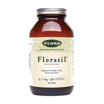 Flora Florasil skin care supplements bottle with 360 vegetarian capsules, supports healthy skin, nails, and hair. Restore natural beauty with silica-rich formula.