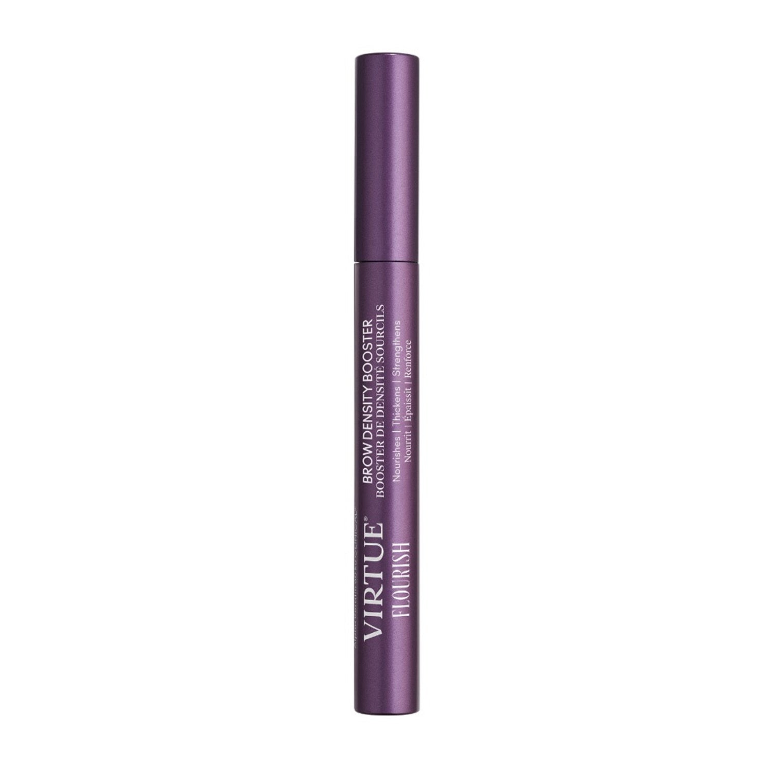 Virtue Flourish Brow Density Booster serum in sleek purple tube for enhancing brow growth. Ideal eye treatment for fuller, thicker eyebrows.