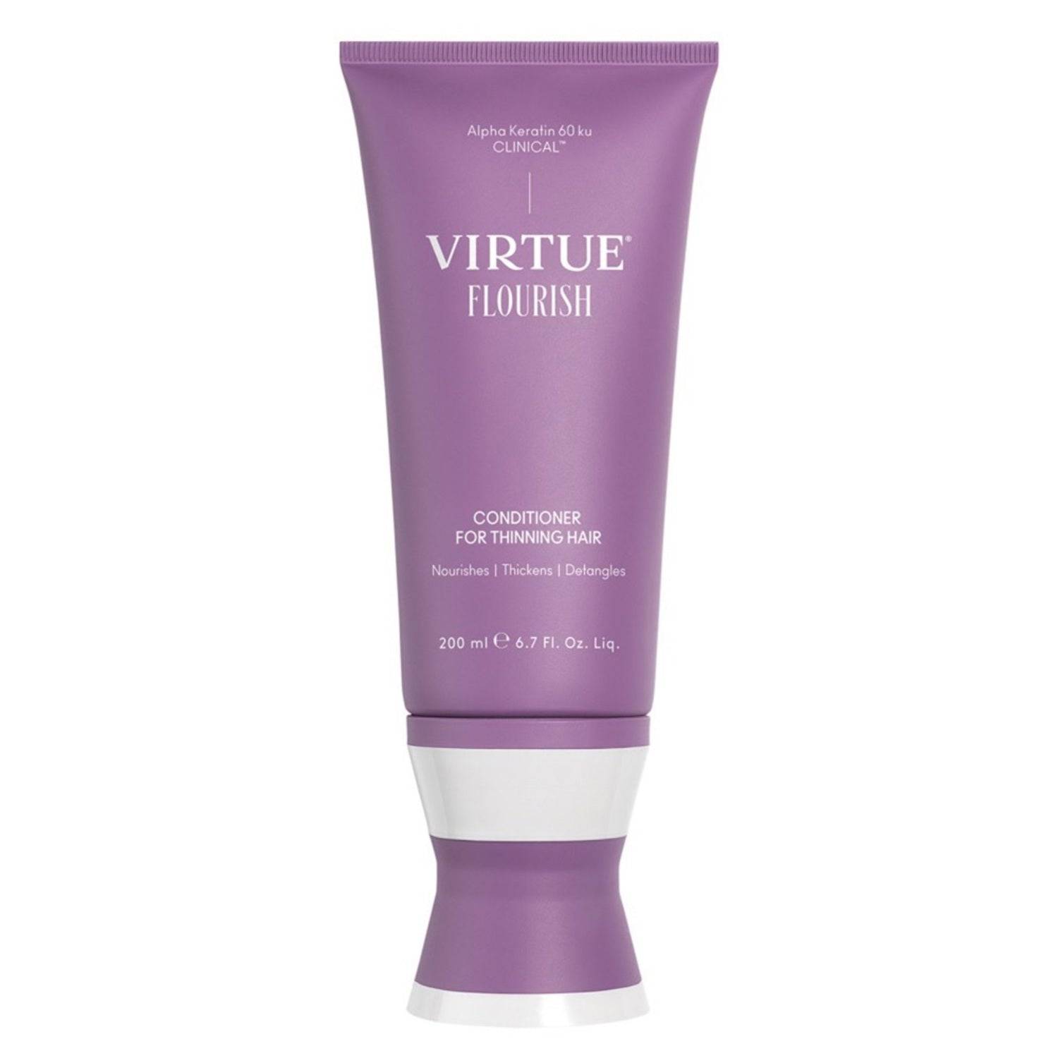 Virtue Flourish Conditioner for Thinning Hair in a 200ml purple tube. Strengthens, hydrates, and detangles hair for healthier, fuller-looking strands.