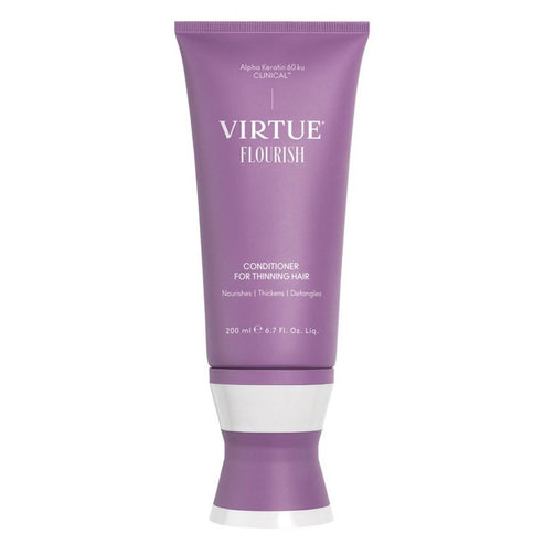 Virtue Flourish Conditioner for Thinning Hair in a 200ml purple tube. Strengthens, hydrates, and detangles hair for healthier, fuller-looking strands.
