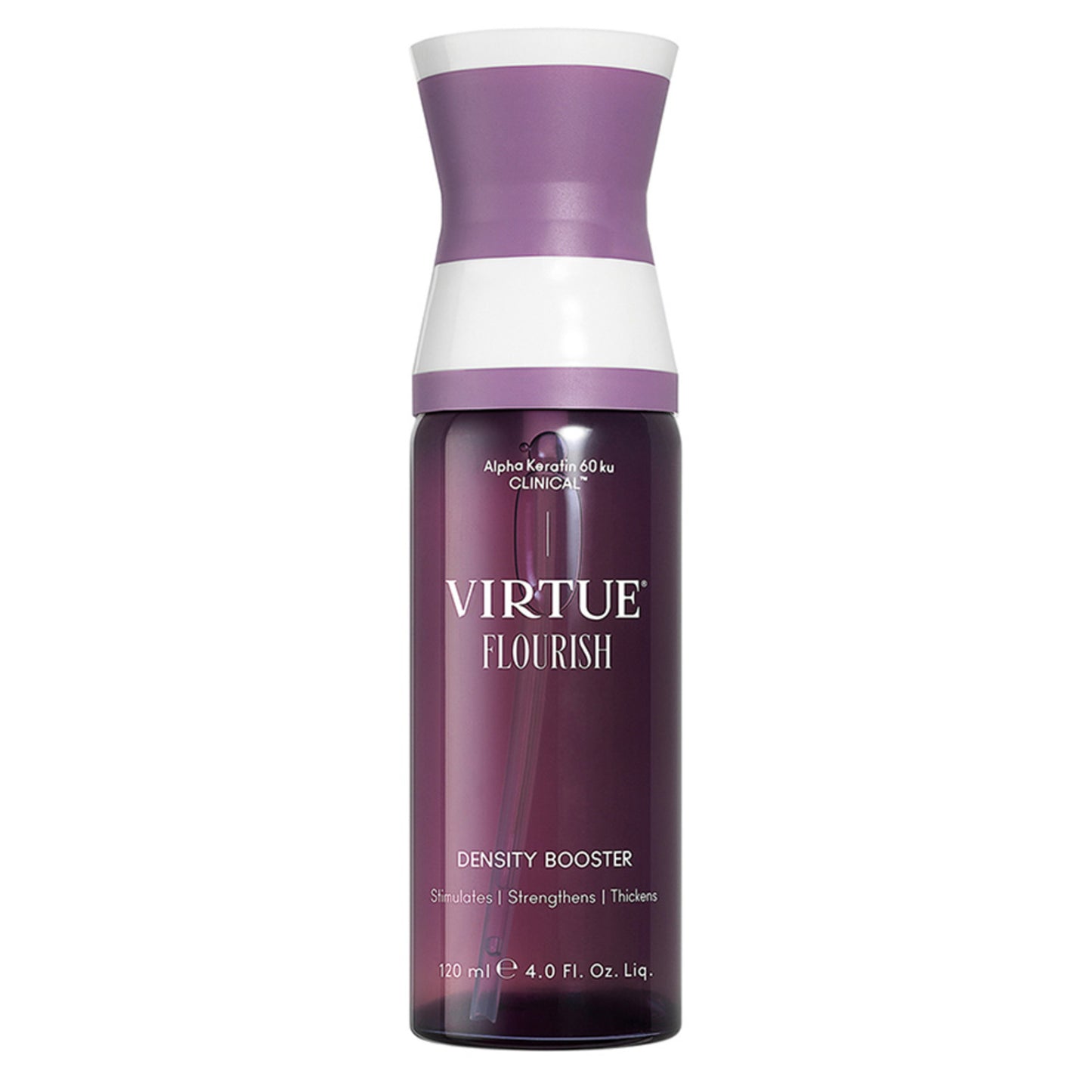 Virtue Flourish Density Booster hair treatment in a 120ml purple bottle. Boosts hair strength and thickness for thinning hair.