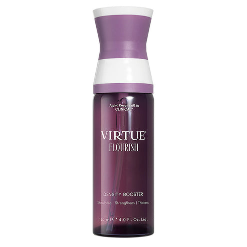 Virtue Flourish Density Booster hair treatment in a 120ml purple bottle. Boosts hair strength and thickness for thinning hair.