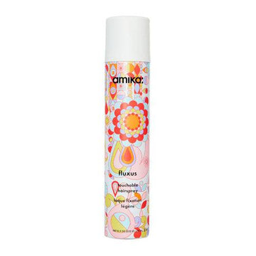 Amika Fluxus Touchable Hairspray in colorful floral packaging, offering flexible hold for all-day hair styling. Ideal for soft, touchable styles.