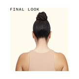 Final look of sleek, styled hair in a bun using Amika Fluxus Touchable Hairspray, showcasing smooth, frizz-free hold with flexible control.