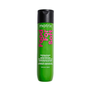 Matrix Food Hydrating Shampoo - Soft Hair Cleansing in a green 300ml bottle with bold pink text, ideal for dry hair care routines.