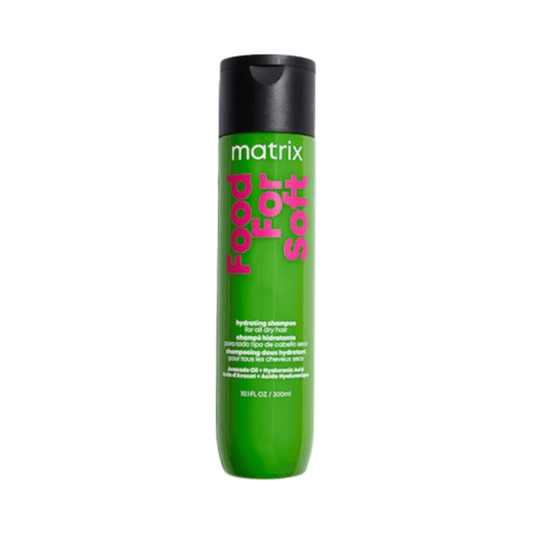 Matrix Food For Soft Hydrating Shampoo i grön 300ml flaska för torrt hår. Idealisk för mjuk hårrengöring och återfuktning med avokadoolja och ros.